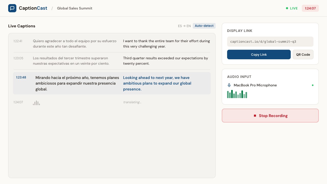 CaptionCast operator control panel during a live meeting